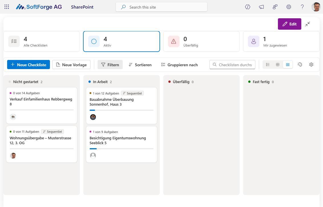 Board-Ansicht der Checklisten, automatisch nach Status in die Spalten Nicht gestartet, In Arbeit, Überfällig und Fast fertig gruppiert