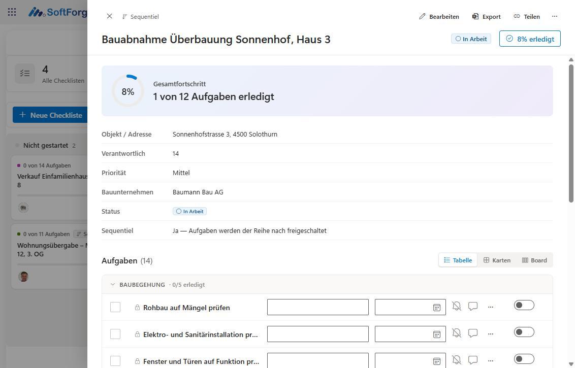 Detailansicht der sequenziellen Checkliste «Bauabnahme Überbauung Sonnenhof, Haus 3» mit Fortschrittsring, Objektdaten und gruppierten, teils gesperrten Aufgaben