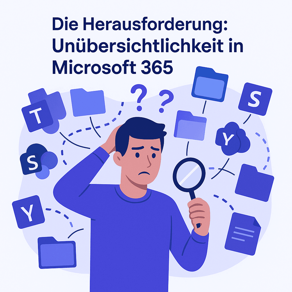 Die Herausforderung: Unübersichtlichkeit in Microsoft 365 - Person mit Verwirrung über Teams, SharePoint und Viva Engage Gruppen